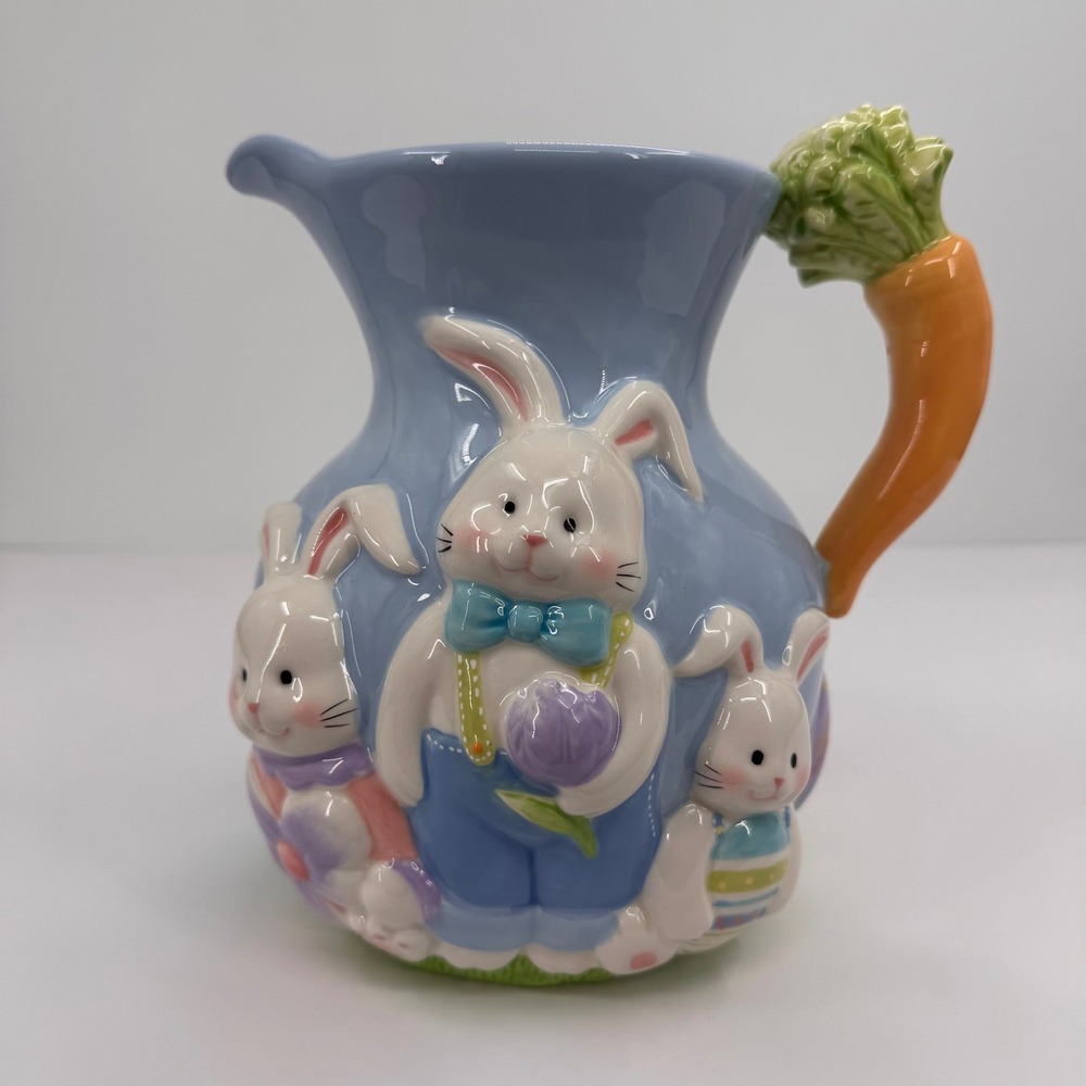 Blossoms & Blooms Easter‎ Bunny Rabbit Ceramic Pitcher Carrot Handle Blue 8"